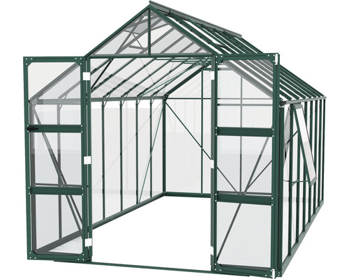 Gewächshaus mit geöffneter Tür und Fenster zur Pflanzenzucht