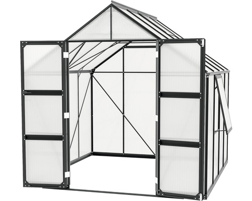 Gewächshaus mit geöffneten Türen und Fenster