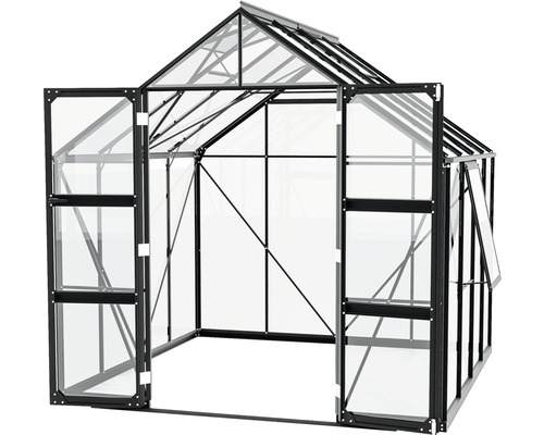 Gewächshaus mit geöffneten Türen und Fenstern