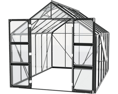 Gewächshaus mit geöffneten Türen für den Garten