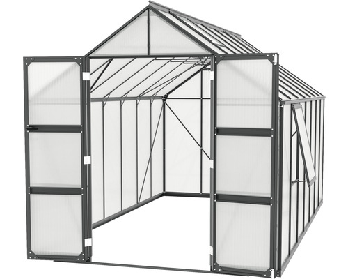 Gewächshaus mit geöffneter Tür und Fenster für den Garten