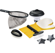 Poolreinigungsset mit Kescher, Dosierschwimmer, Reinigungsbürste und Reinigungshandschuh