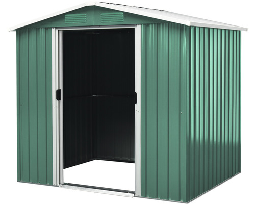 Offener Geräteschuppen aus Metall mit Schiebetür.