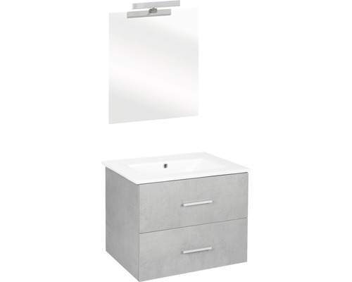 Badmöbel-Set Differnz Luka 60 x 170 x 48 cm Frontfarbe beton grau Waschtisch weiß und Waschtisch Spiegel mit LED-Beleuchtung Waschtischunterschrank Waschtischunterschrank mit zwei Schubladen, Aufsatzwaschbecken und Spiegel mit Lampe für das Badezimmer