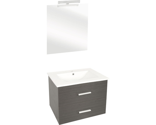 Badmöbel-Set Differnz Luka BxHxT 60 x 170 x 48 cm Frontfarbe eiche grau mit Waschtisch Keramik weiß und Waschtisch Spiegel mit LED-Beleuchtung Waschtischunterschrank Waschtischkombination mit Spiegel und zwei Schubladen für das Badezimmer