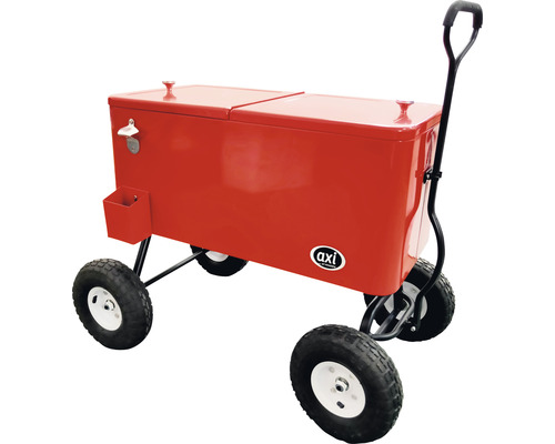 Rote Kühlbox mit Rädern und Flaschenöffner