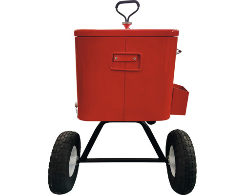 Rote Kühlbox mit Griff, Rädern und Getränkehalter