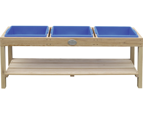 Spieltisch aus Holz mit drei blauen Wannen und Ablagefläche