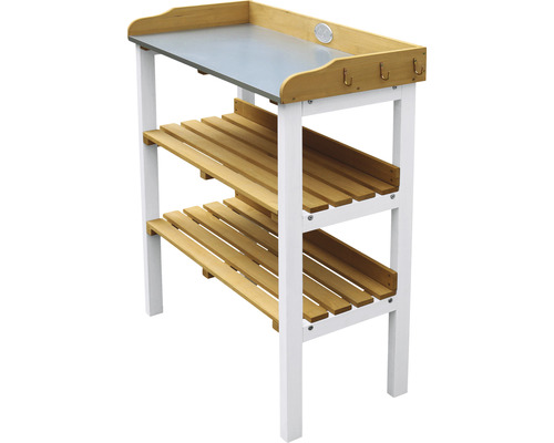 Gartentisch mit Ablageflächen und Haken aus Holz