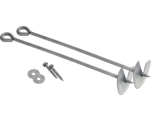 Zwei Erdschraubenanker mit Schrauben und Unterlegscheiben