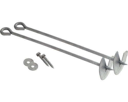 Zwei Erdnägel mit Schrauben und Unterlegscheiben