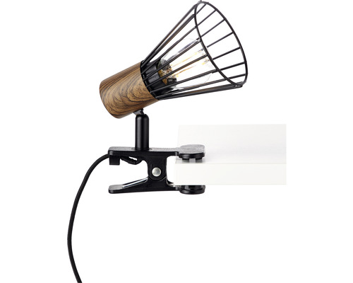 Klemmleuchte mit Holzoptik und schwarzem Metallkäfig