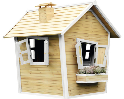 Spielhaus aus Holz mit Fenstern und Blumenkasten