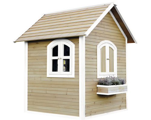Holzspielhaus mit zwei Fenstern und einem Blumenkasten