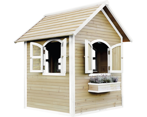 Holzspielhaus mit Fenstern und Blumenkasten