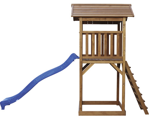 Spielturm aus Holz mit blauer Rutsche und Leiter