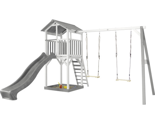 Spielturm axi Beach Tower mit Doppelschaukel und Rutsche grau Holz grau weiß Spielturm mit Rutsche, Sandkasten und Schaukel für den Garten