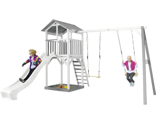 Spielturm axi Beach Tower mit Doppelschaukel und Rutsche weiß Holz grau weiß Spielturm mit Rutsche, Schaukel und Sandkasten für Kinder