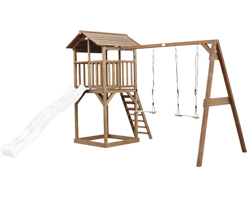 Holzspielturm mit Rutsche und Schaukel