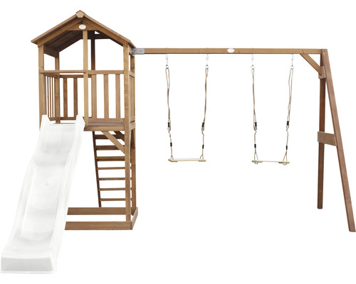 Spielturm aus Holz mit Rutsche und Schaukel