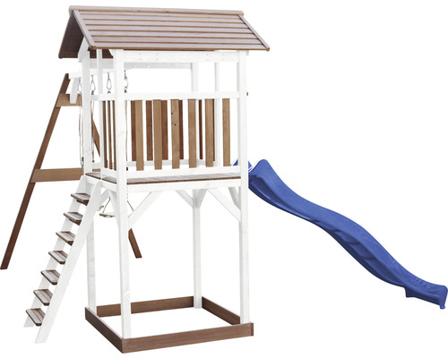 Spielturm axi Beach Tower mit Doppelschaukel Holz braun weiß Rutsche blau
