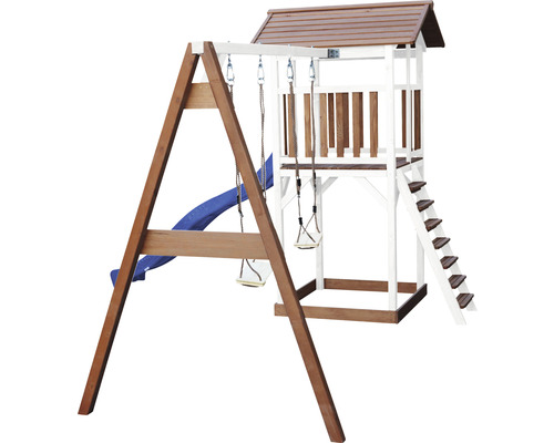 Holzspielplatz mit Schaukeln, Rutsche und Spielturm