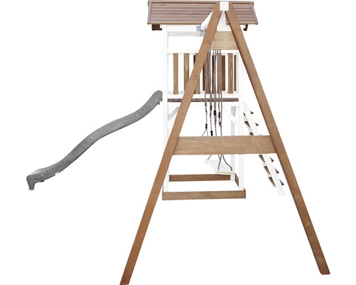 Spielturm mit Rutsche und Schaukel aus Holz für den Garten