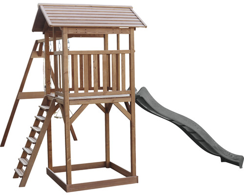 Spielturm aus Holz mit Rutsche und Schaukel
