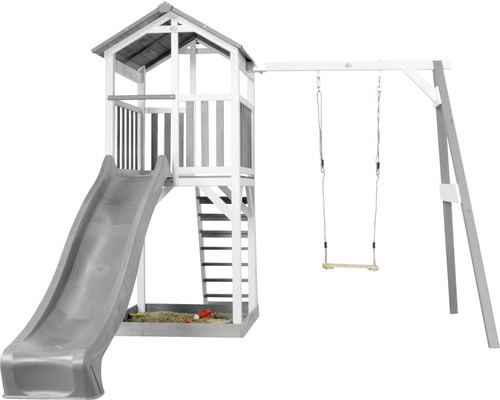 Spielturm axi Beach Tower mit Einzelschaukel und Rutsche grau Holz grau weiß Spielturm mit Rutsche, Schaukel und Sandkasten für den Garten
