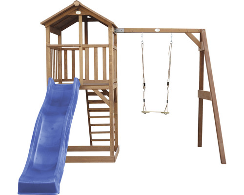Spielturm mit Rutsche und Schaukel aus Holz