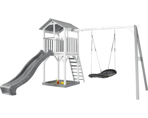 Spielturm axi Beach Tower mit Nestschaukel schwarz und Rutsche weiß Holz grau weiß Spielplatz mit Turm, Rutsche und Nestschaukel