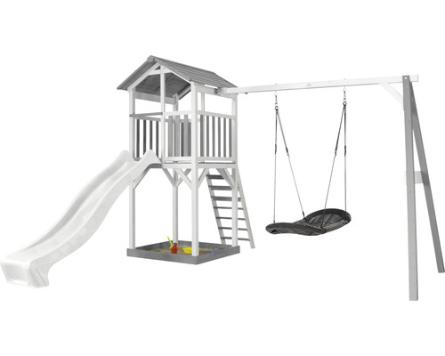 Spielturm axi Beach Tower mit Nestschaukel und Schaukel weiß Holz grau weiß Spielturm mit Rutsche, Schaukel und Sandkasten