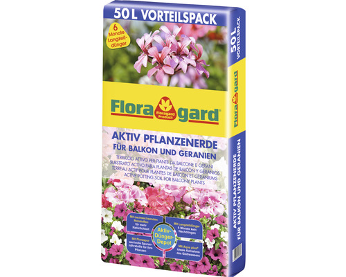 Floragard Aktiv Pflanzerde für Balkon und Geranien, 50 Liter Vorteilspack