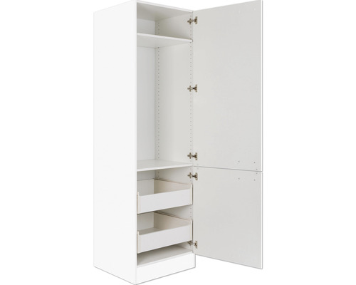 Weißer Hochschrank mit Regalböden und Schubladen
