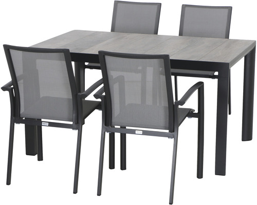 Dining-Set Siena Garden Velia SET 5-teilig Silva 140 4 x Sessel anthrazit,140 x 90 cm, WG Gartentischgruppe mit vier Stühlen für den Außenbereich
