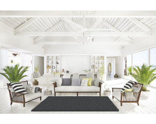 Helles Wohnzimmer mit weißen Deckenbalken, Sitzgruppe, Zimmerpflanzen und Teppich