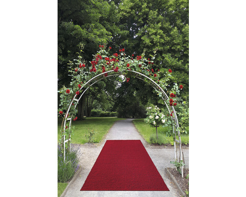 Szene mit einem Rosenbogen und einem roten Teppich im Freien