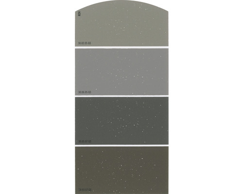 Farbmusterkarte mit verschiedenen Grautönen und Glitzereffekten