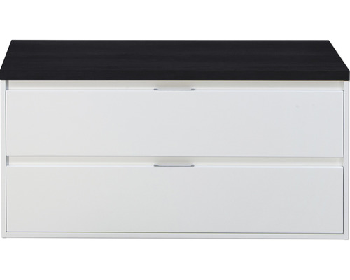 Waschtischunterschrank Sanox Porto Frontfarbe weiß hochglanz BxHxT 120,2 x 58,6 x 50 cm WT-Platte schwarz eiche