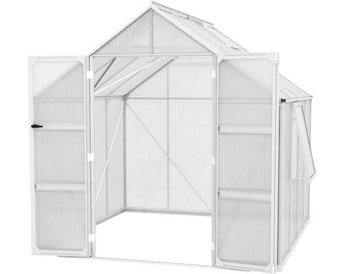 Gewächshaus mit geöffneten Türen.