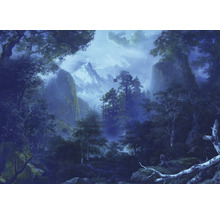Gemälde einer Berglandschaft mit Bäumen im Vordergrund.