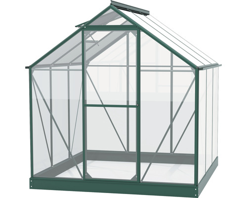 Gewächshaus mit Dachfenster und Tür.