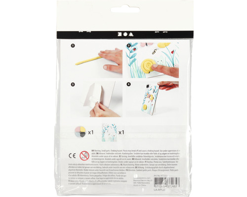 Verpackung einer Bastelpackung mit Schritt-für-Schritt-Anleitung.