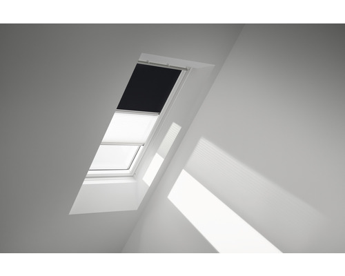 VELUX Vorteils-Set Verdunkelungsrollo uni schwarz und Faltstore Plissee weiß manuell Rahmen weiß DFD CK02 3009SWL