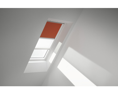 VELUX Vorteils-Set Verdunkelungsrollo uni orange und Faltstore Plissee weiß manuell Rahmen weiß DFD M08 4564SWL