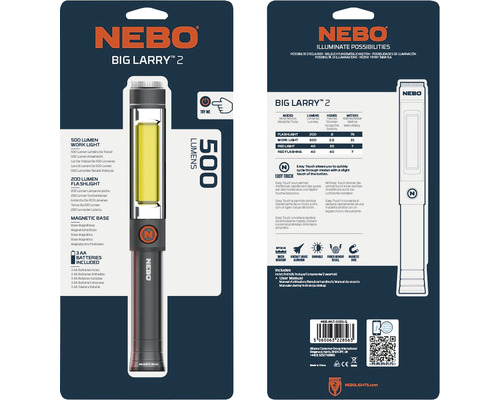 NEBO Big Larry 2 Arbeitsleuchte mit 500 Lumen inklusive Batterien in Verpackung