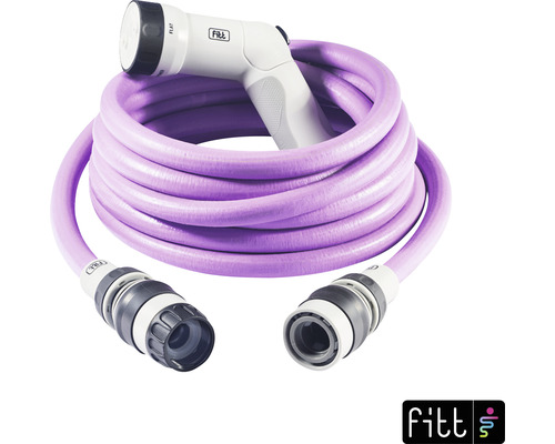 Lila Gartenschlauch mit Spritzpistole und Anschlussstücken