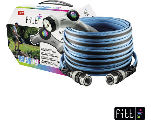 Aufgerollter Gartenschlauch mit Spritzpistole und Produktverpackung