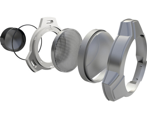 Explosionsansicht eines runden Filtersystems mit schwarzem Ring, Filterhalter und Metallgitter