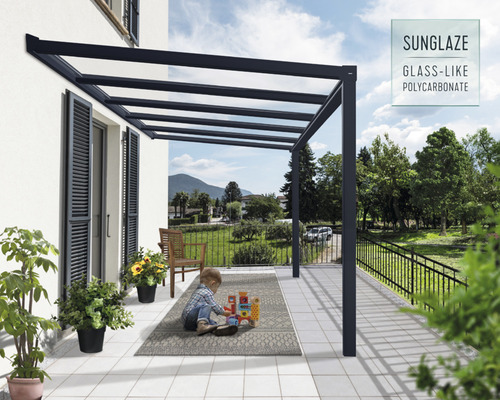 Palram-Canopia Terrassenüberdachung Stockholm 370x330,5 cm anthrazit Terrassenüberdachung aus Glas und Polycarbonat auf einer Terrasse mit Kind
